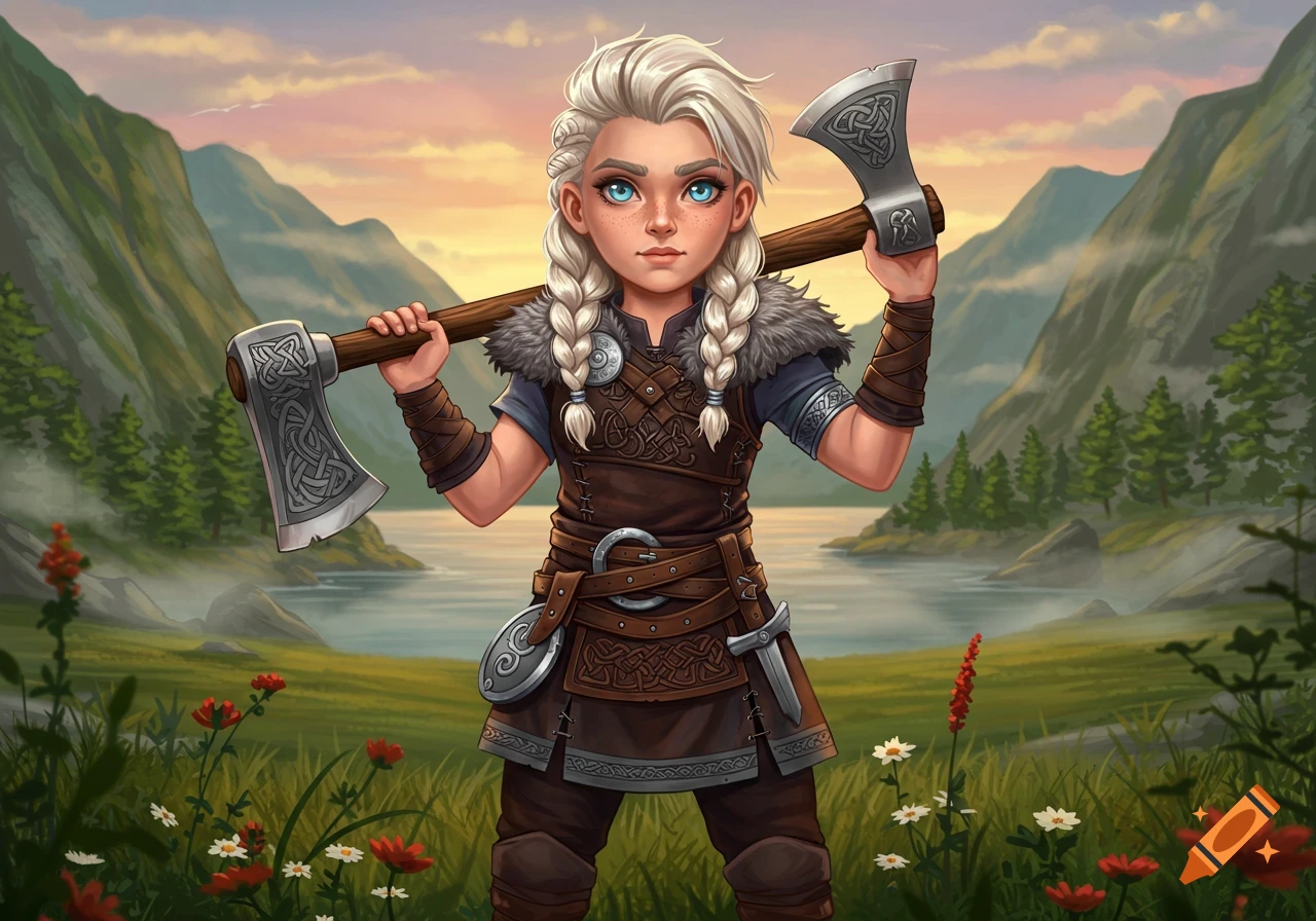 A cute animated Viking girl with braided blonde hair holds an axe over her shoulders in a grassy mountain and lake landscape.