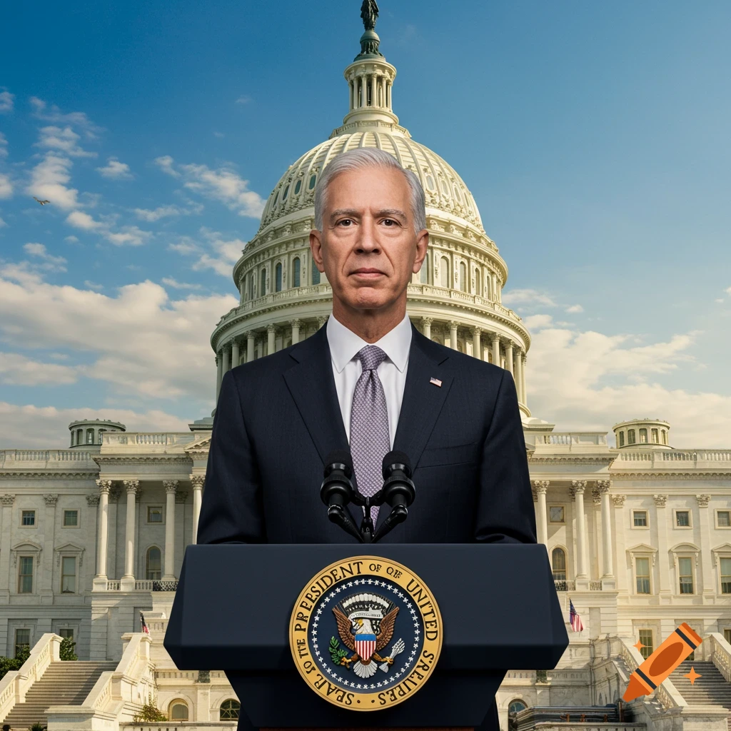 Photorealistic portrait of a man, likely a president, at a podium in front of the U.S. Capitol building.