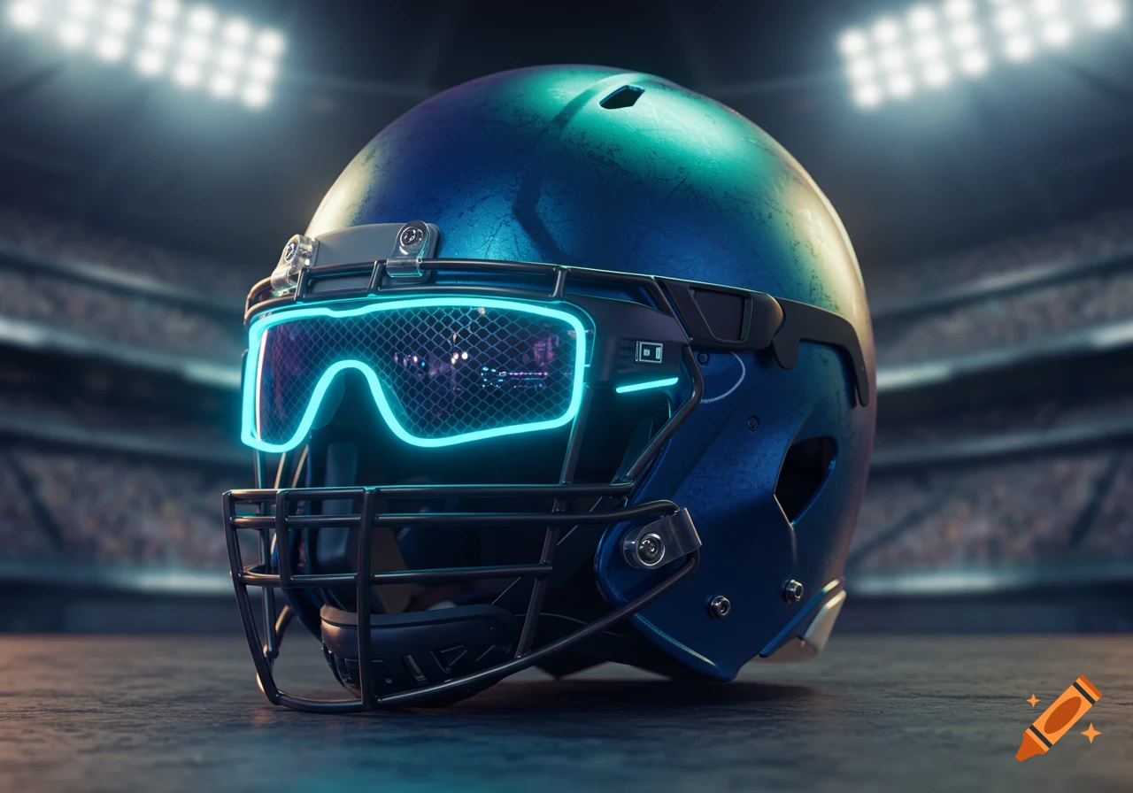 A photorealistic dark blue football helmet with glowing neon blue futuristic goggles sits on a field in a stadium.