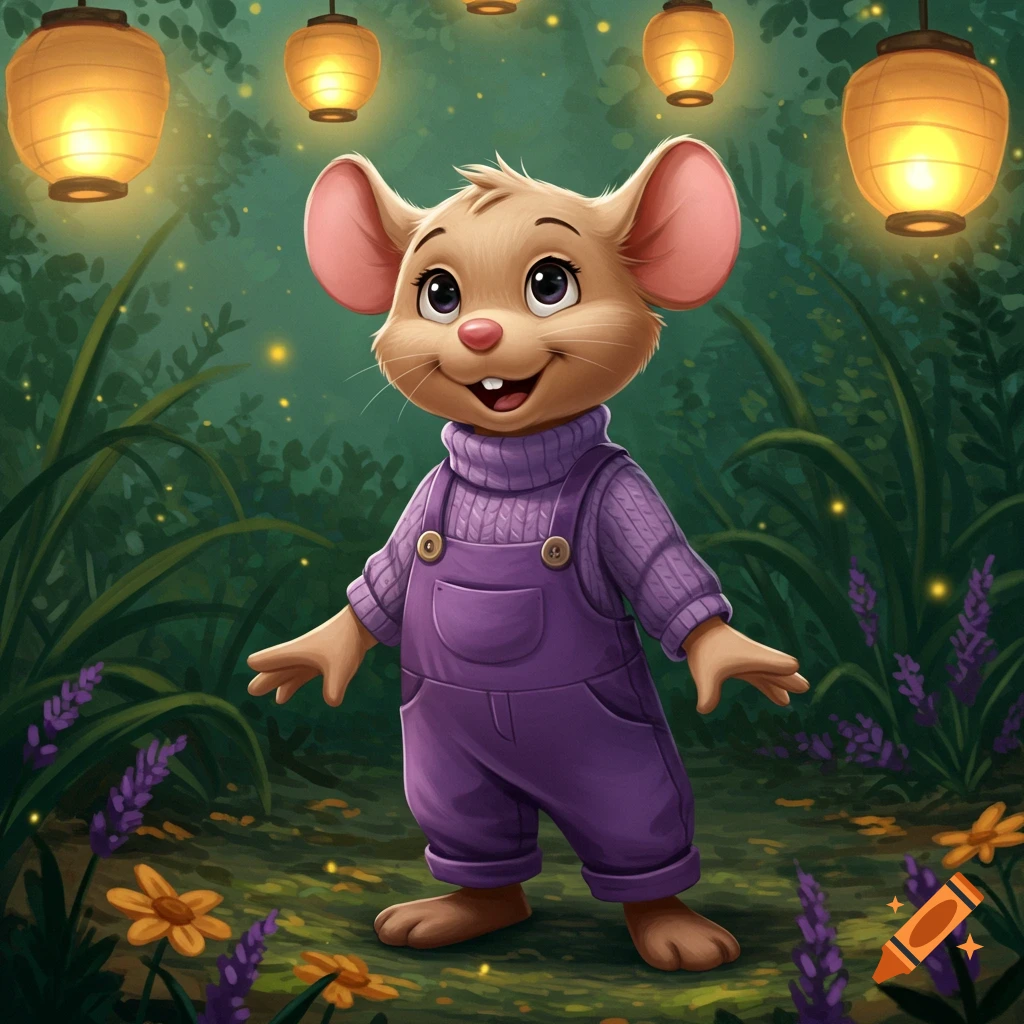 A cute cartoon mouse in purple overalls stands smiling in a magical forest with glowing lanterns and purple flowers.