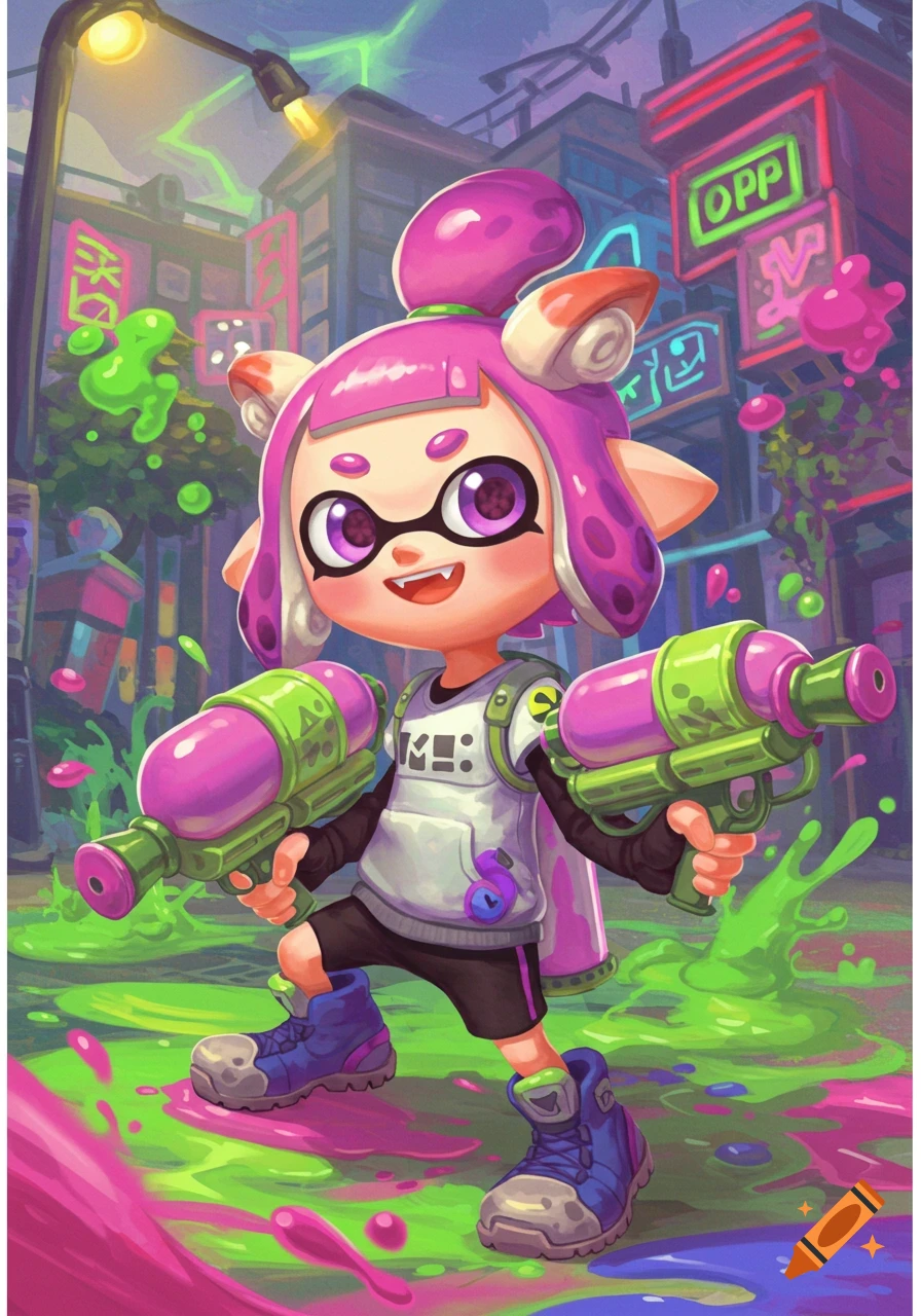 A pink-haired Splatoon-like character with two ink guns stands on a paint-splattered street in a vibrant city at dusk.