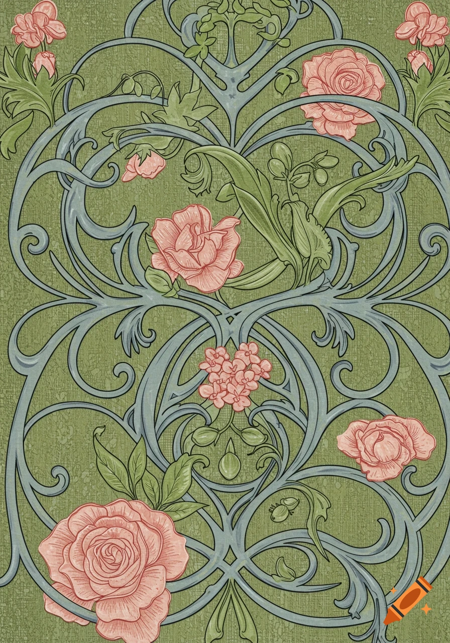 Art Nouveau style repeating pattern with pink roses and intricate blue and green organic scrollwork on a textured green background.
