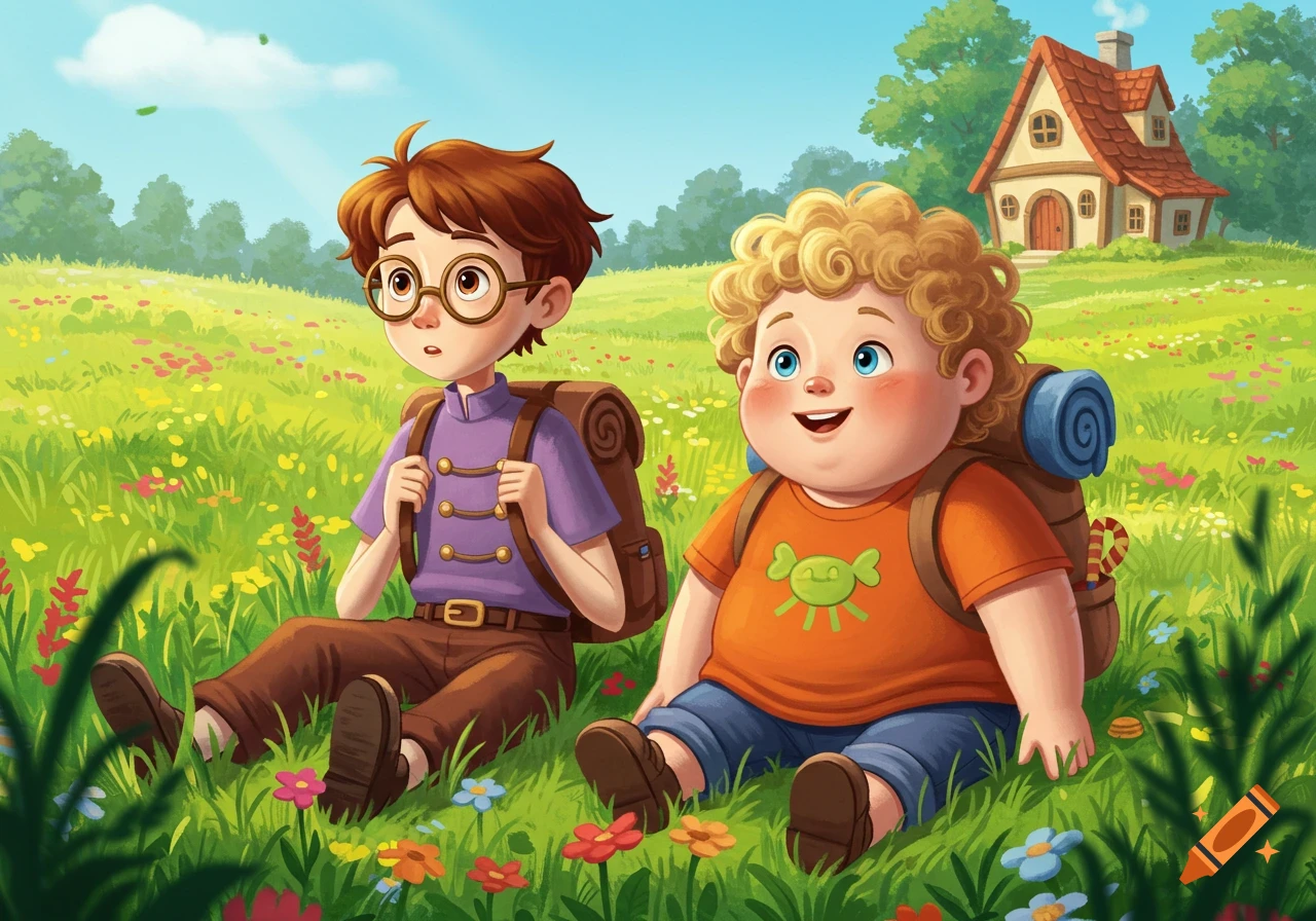 Two cartoon boys with backpacks sit in a blooming meadow in front of a cozy house. The slender boy wears glasses.