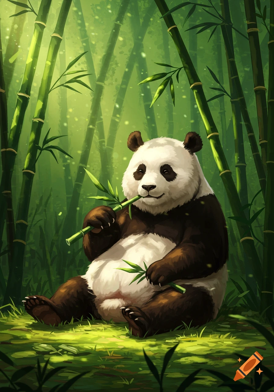 A happy illustrated panda sits eating bamboo in a lush green bamboo forest.