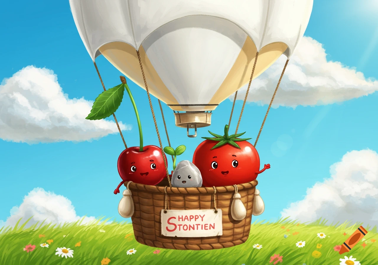 Cute cartoon cherry, tomato, sprout, and stone characters in a hot air balloon basket over a grassy field with a blue sky.