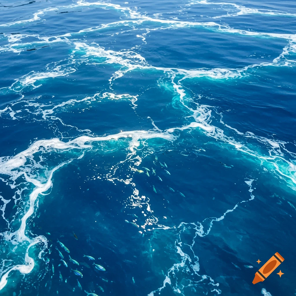 Close-up aerial view of deep blue ocean water with white foamy waves and schools of small fish swimming near the surface, photorealistic.