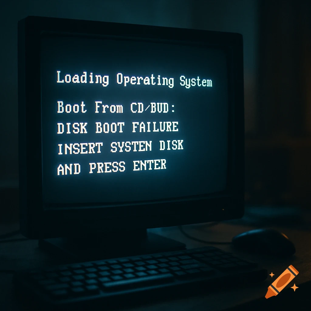 An old CRT computer monitor displaying a "DISK BOOT FAILURE" message in a dimly lit room, with a keyboard and mouse.