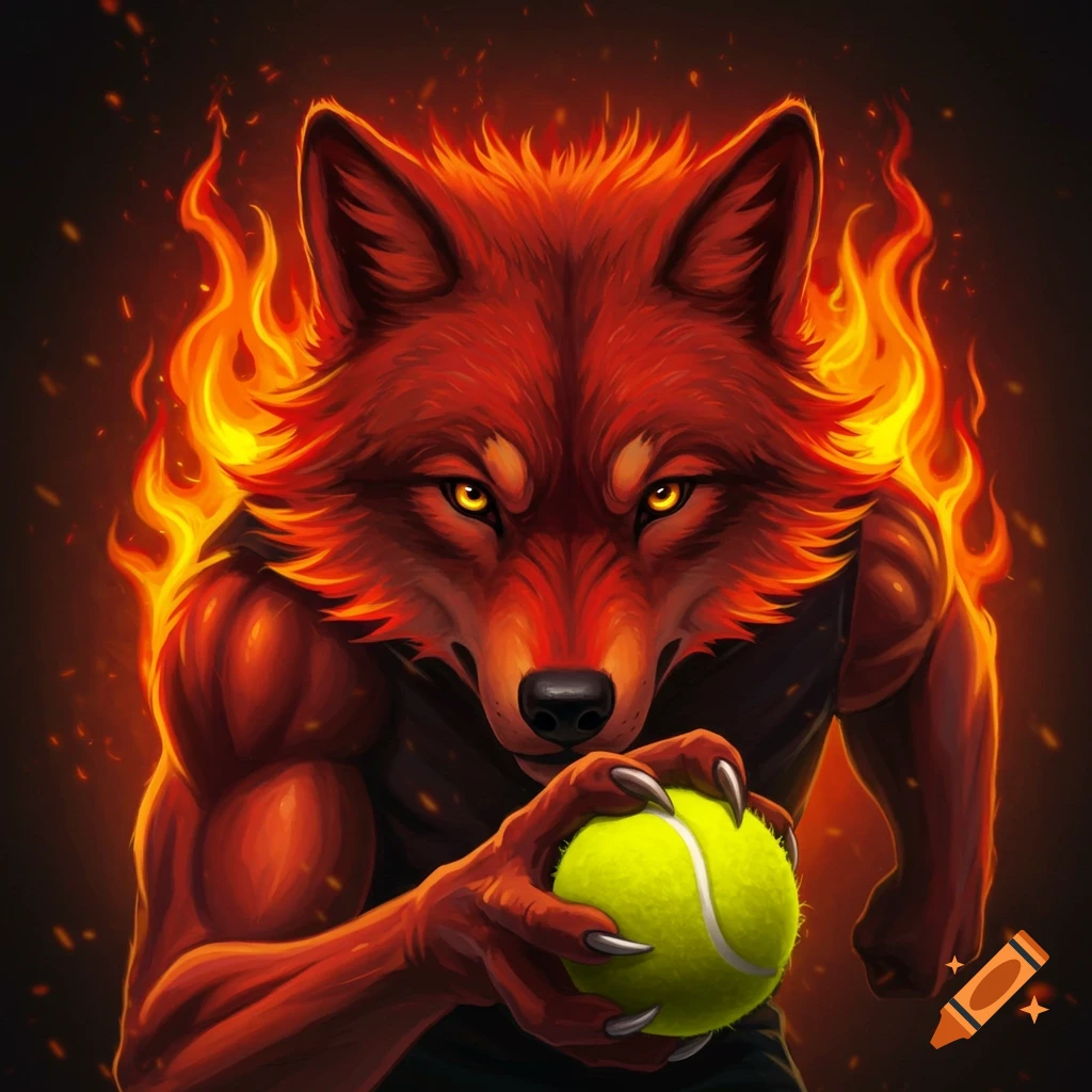 A fierce red wolf-like creature with stylized flame fur and muscular arms holds a yellow tennis ball, illustrated in a fantasy style.