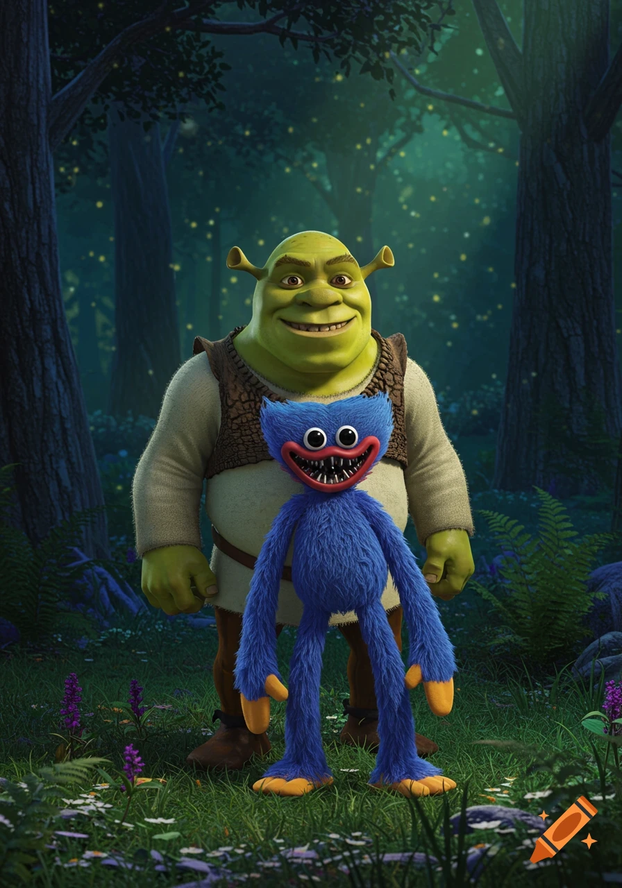 A smiling Shrek stands beside a blue, furry Huggy Wuggy character with a wide, toothy grin in a magical forest.