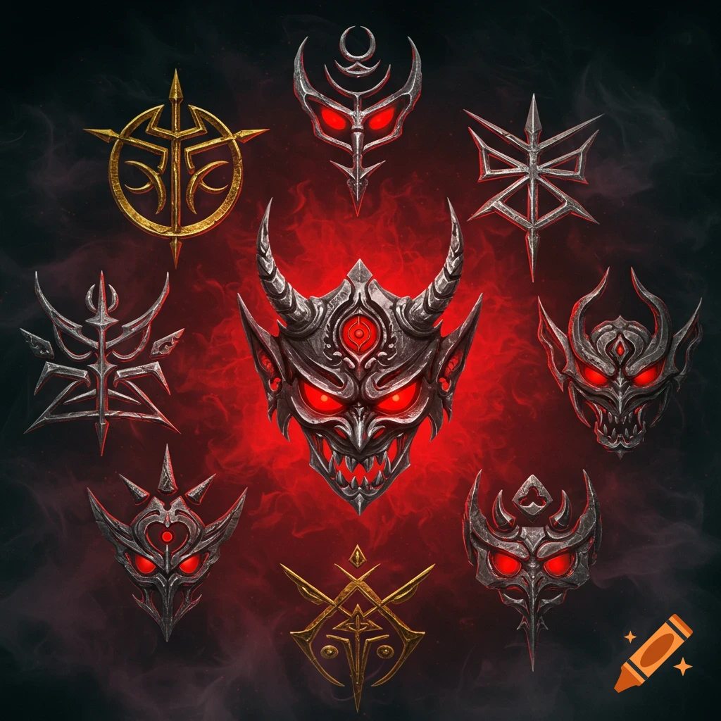 Nine stylized demonic sigils and masks with glowing red eyes on a dark red smoky background.