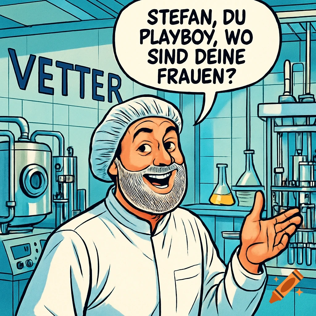 Comic art of a smiling, bearded man in a lab coat and hairnet gesturing in a laboratory. Text on the wall reads "VETTER", and a speech bubble says "Stefan, you Playboy, where are your women?"