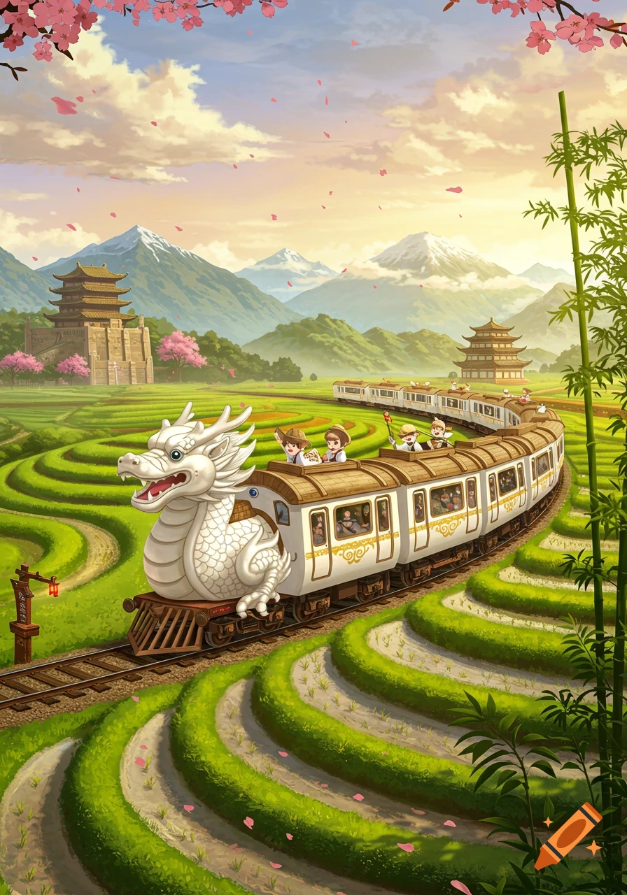 A white dragon train travels through vibrant green terraced rice paddies, with Asian temples, snowy mountains, and cherry blossoms.