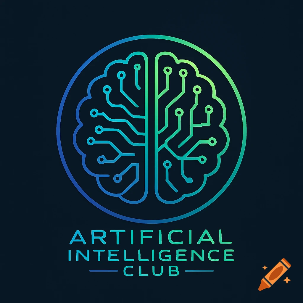 A blue and green gradient line art logo depicting a brain with circuit board pathways inside, above the words "ARTIFICIAL INTELLIGENCE CLUB".