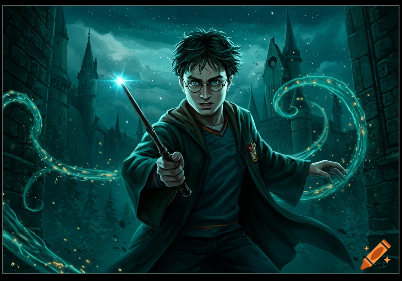 Harry Potter wields a glowing wand under a stormy night sky, with a magical castle in the background. Stylized illustration.