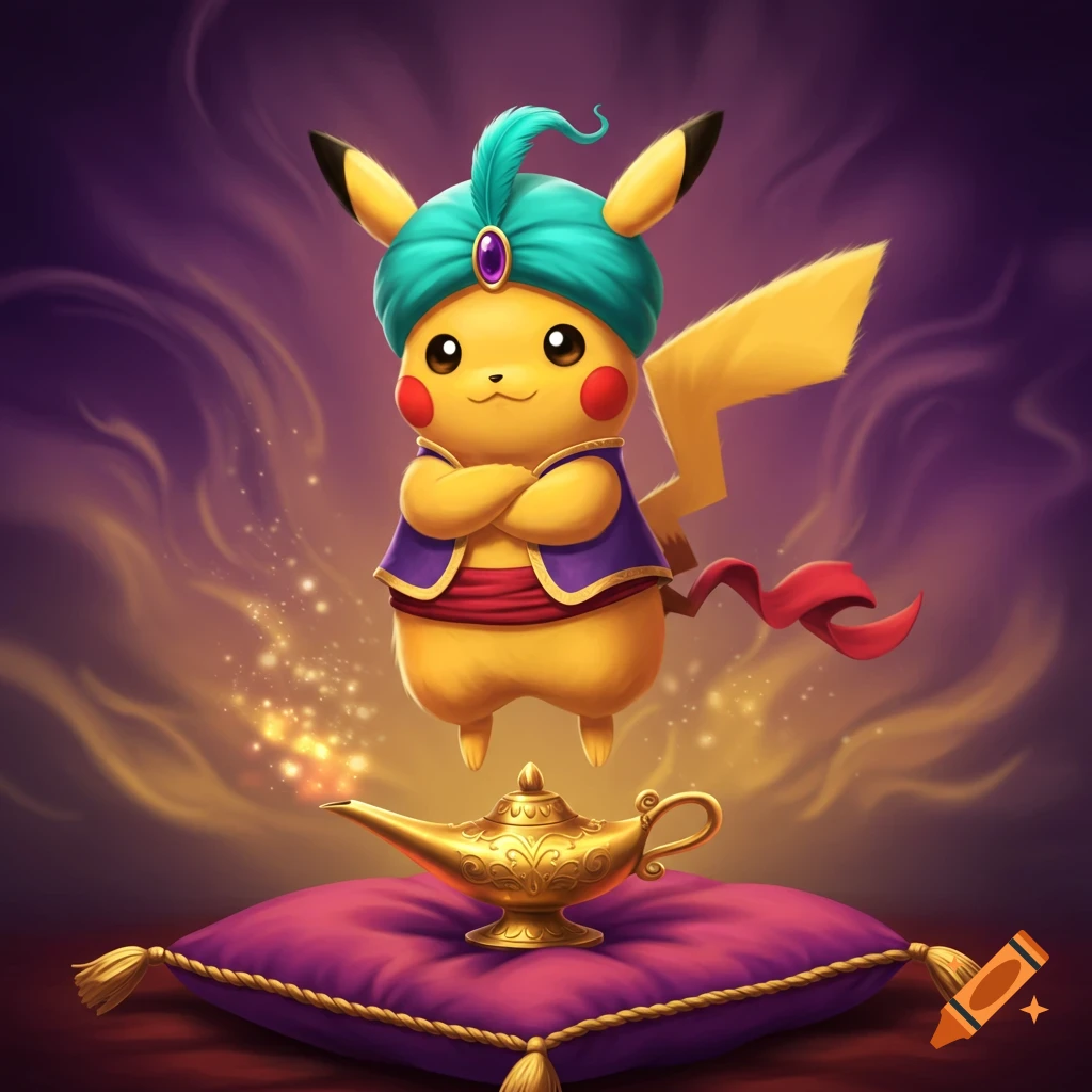 Pikachu as a genie with a teal turban and crossed arms floats above a magic lamp and purple pillow.