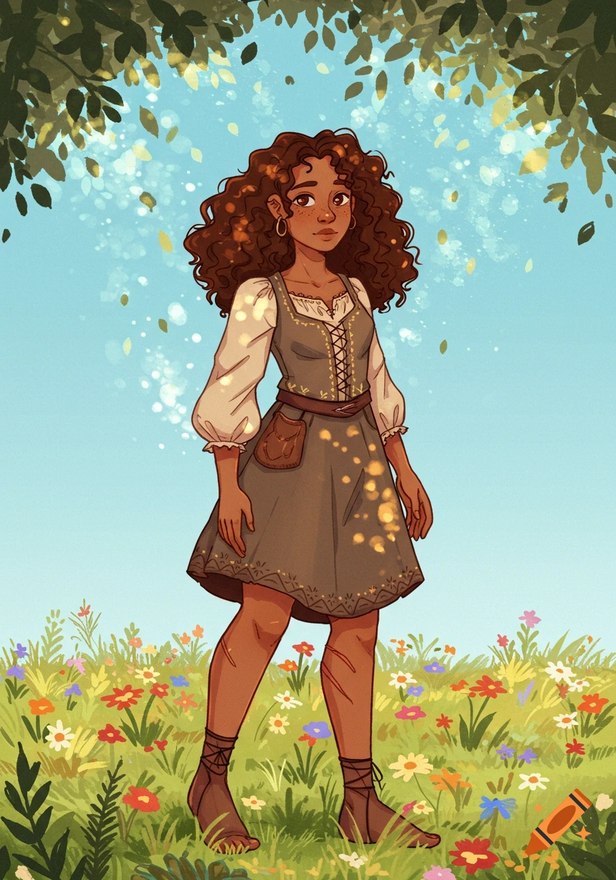 A young woman with curly brown hair in worn fantasy clothes stands in a field of wildflowers under leafy trees, in storybook style.