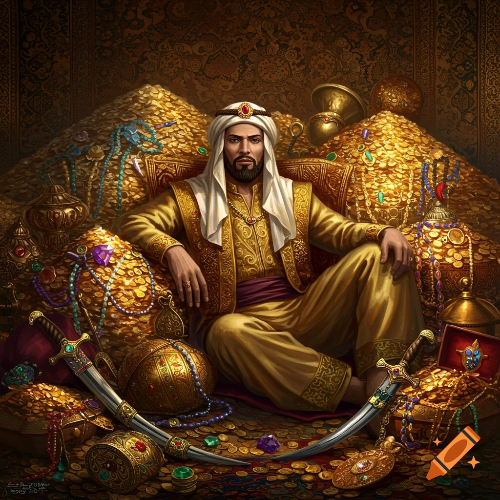 A rich man in a white turban and gold robes sits on a throne surrounded by piles of gold coins, jewels, and ornate weapons in a highly detailed, golden setting.
