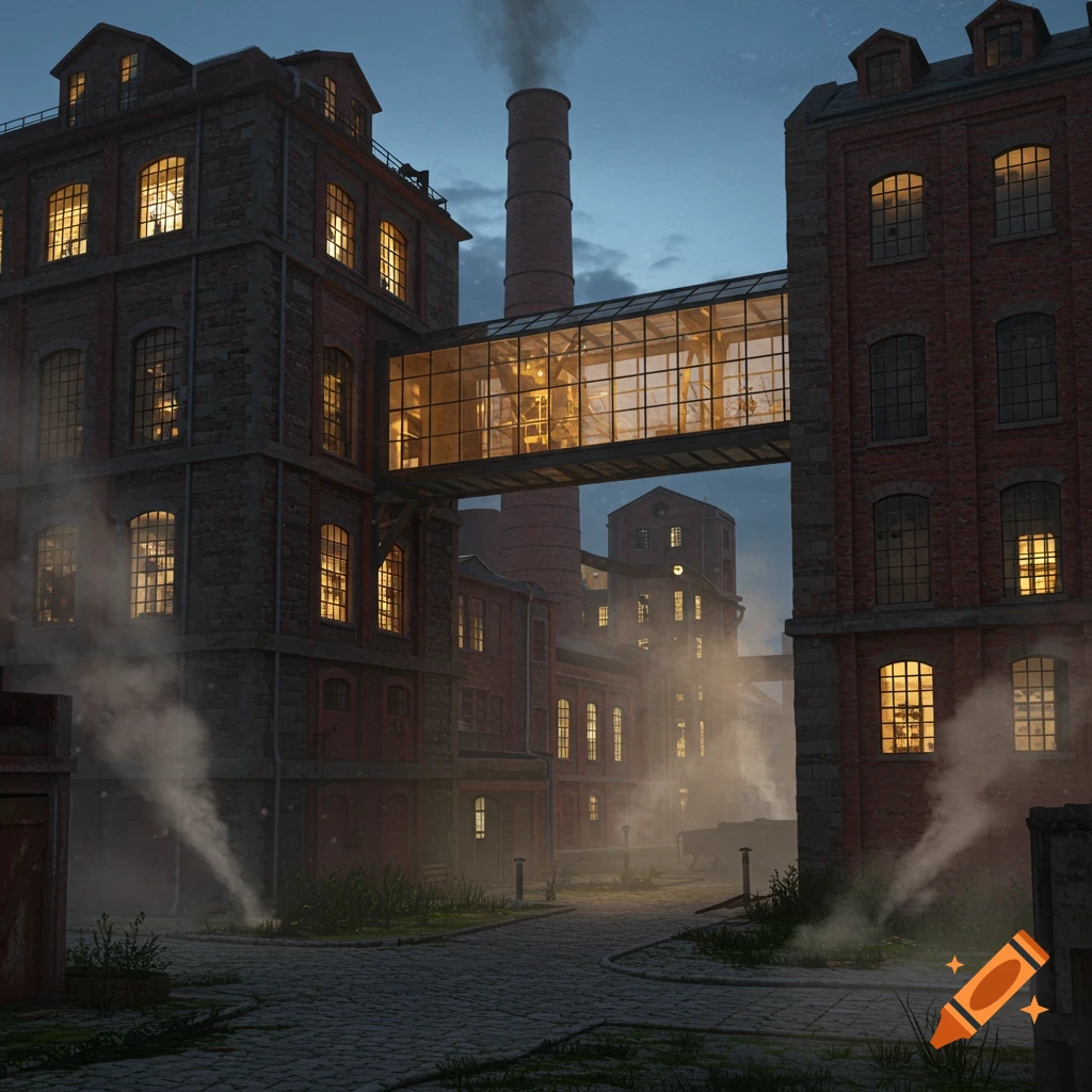 A nighttime view of two red-brick factory buildings connected by a glass walkway, with smoke from chimneys and illuminated windows.