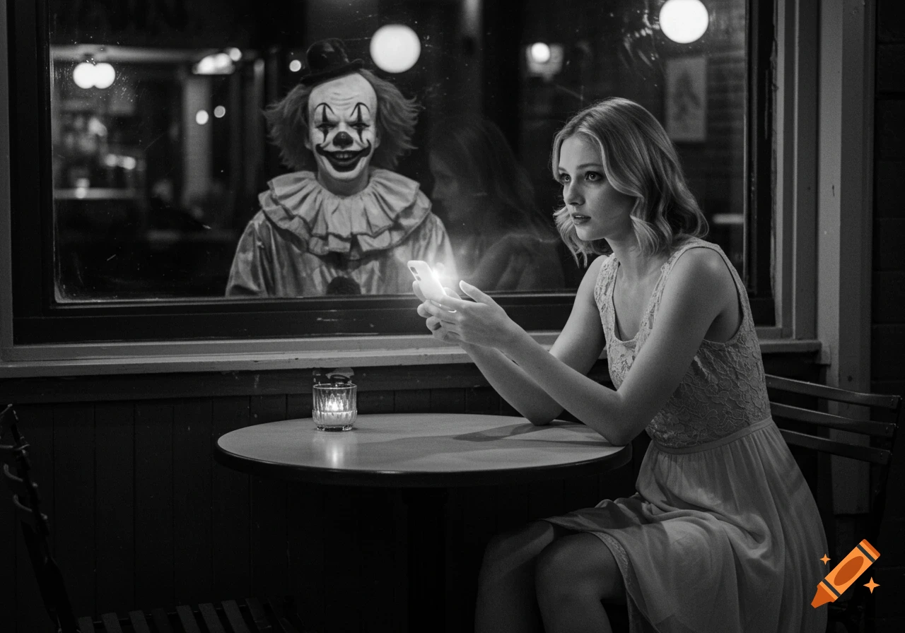 A woman looking at a glowing phone sits at a cafe table, while a sinister clown watches from outside the window in a black and white photograph.