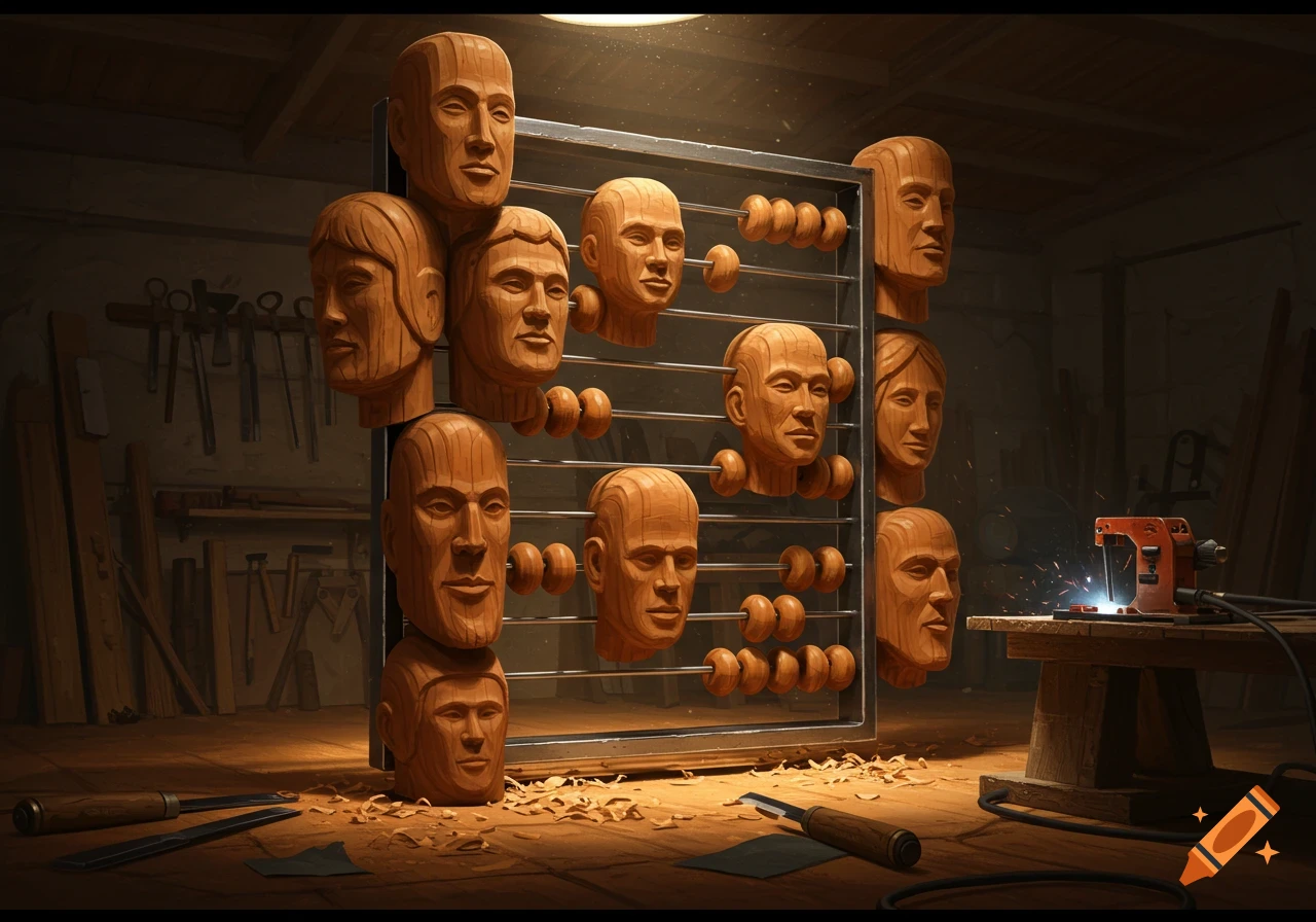 Wooden human heads are sculpted and arranged on a metal abacus frame in a dimly lit workshop with tools.