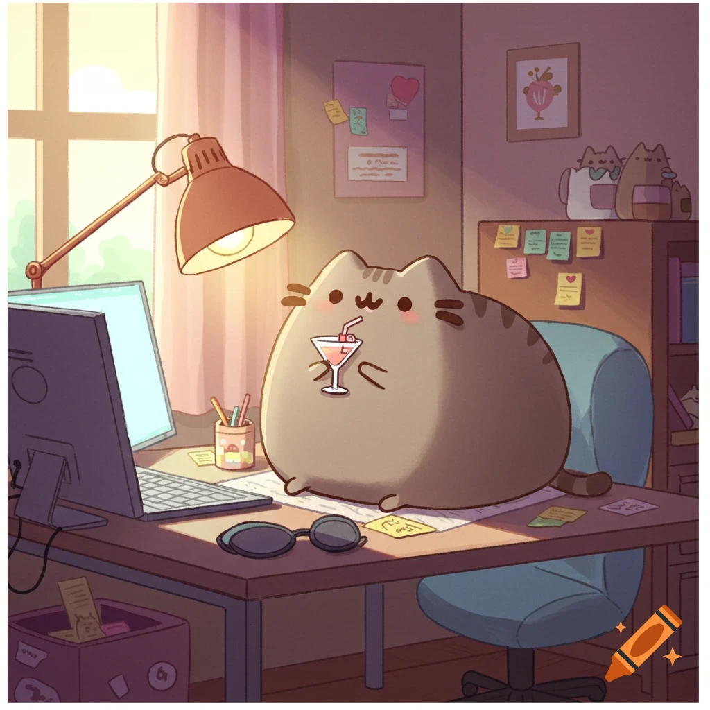 A cartoon Pusheen cat sits at a desk with a laptop and a lamp, holding a pink cocktail, in an indoor setting with warm lighting.
