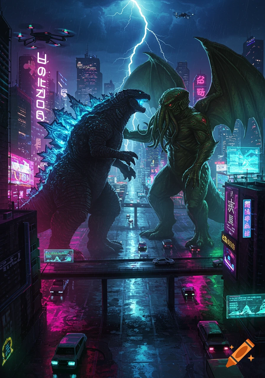 Godzilla and Cthulhu battle in a neon-lit cyberpunk city during a lightning storm.