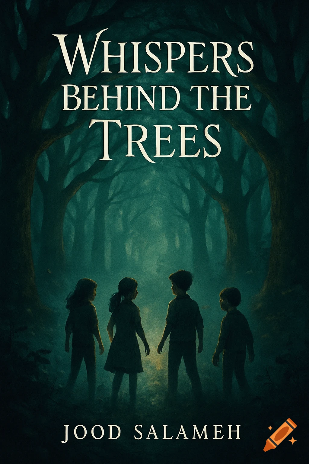 Book cover: four children stand silhouetted in a dark, misty forest. Title 'Whispers Behind the Trees', author Jood Salameh.