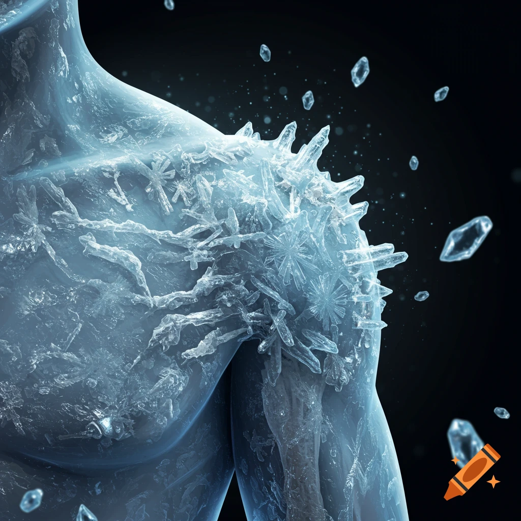 Close-up of a human shoulder covered in sharp blue ice crystals, conceptualizing a frozen shoulder condition.