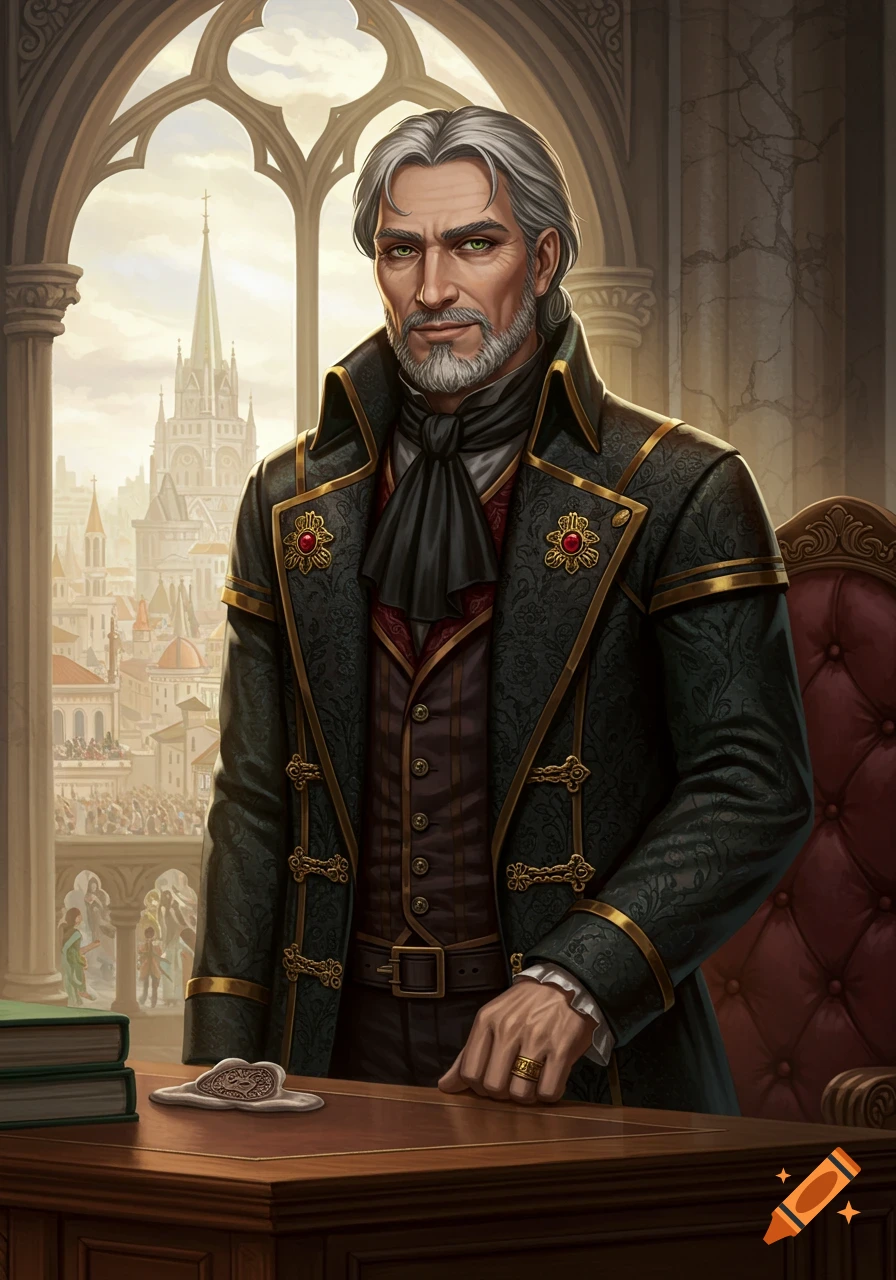 A distinguished man with gray hair and a goatee, wearing a dark aristocratic coat with gold trim, stands at a desk before a gothic window overlooking a fantasy city.