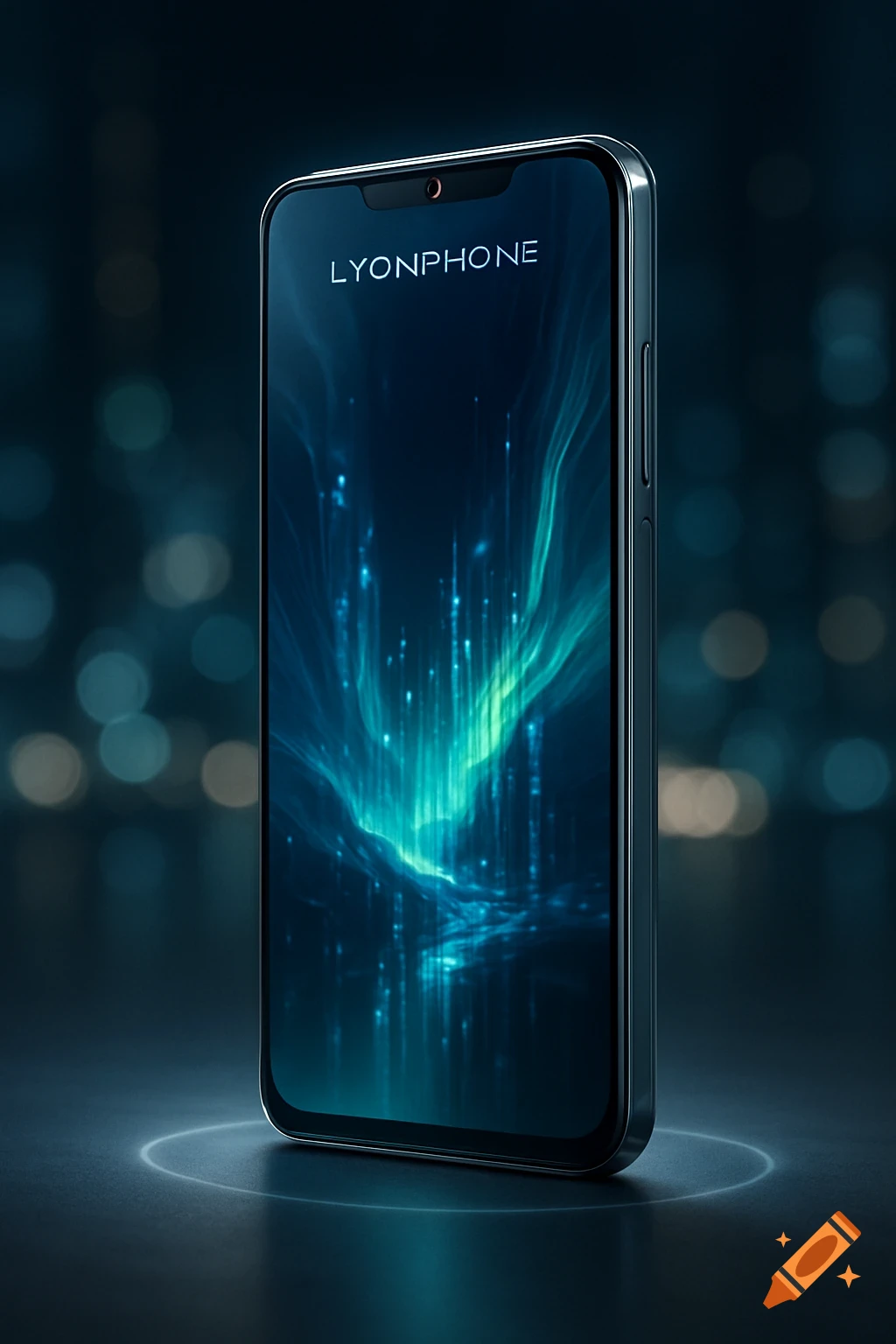 Modern smartphone with 'LYONPHONE' text on its screen, featuring a glowing abstract wallpaper and bokeh background.
