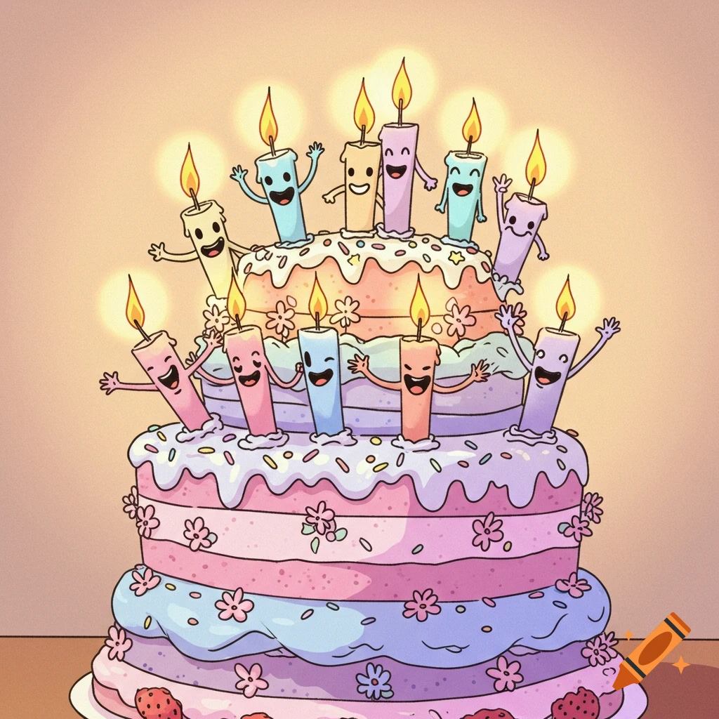 A colorful, multi-tiered cartoon birthday cake topped with anthropomorphic candles happily waving their arms, rendered in a cheerful comic style.