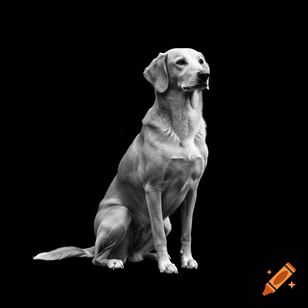 A black and white portrait of a light-colored dog sitting on a black background, looking to the right.