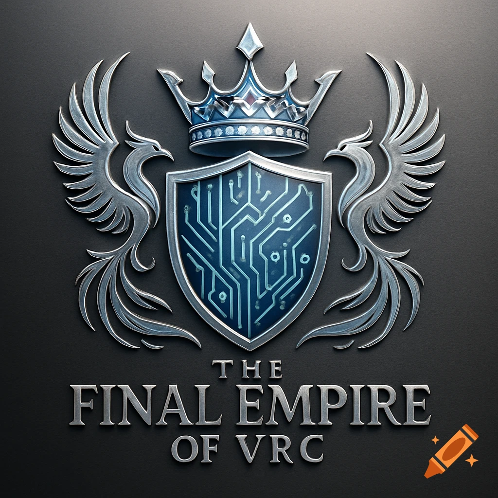 Metallic logo featuring a crown, a shield with a circuit board design, two phoenixes, and text 'THE FINAL EMPIRE OF VRC'