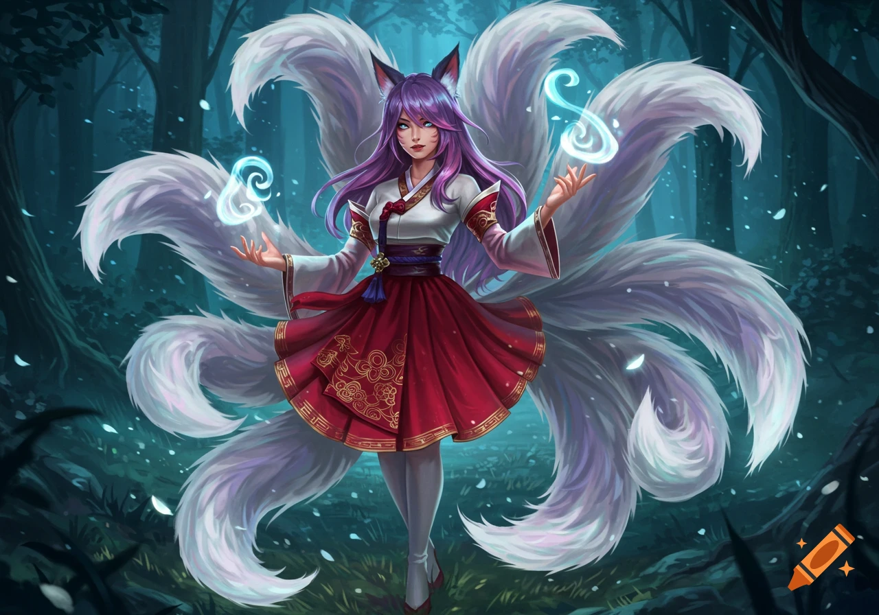Purple-haired Ahri, a nine-tailed fox woman, in a traditional red and white dress, holds glowing blue orbs in a magical forest.