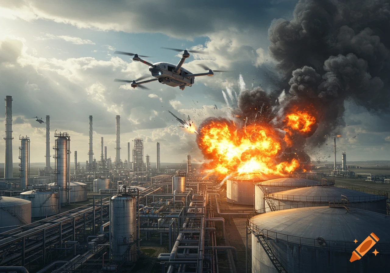 A drone crashes into an oil refinery, causing a large, fiery explosion and billowing smoke. Photorealistic.