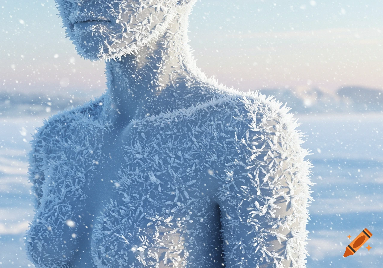 Close-up of a human-like torso covered in sharp white frost and snowflakes, against a snowy, blurred winter landscape.