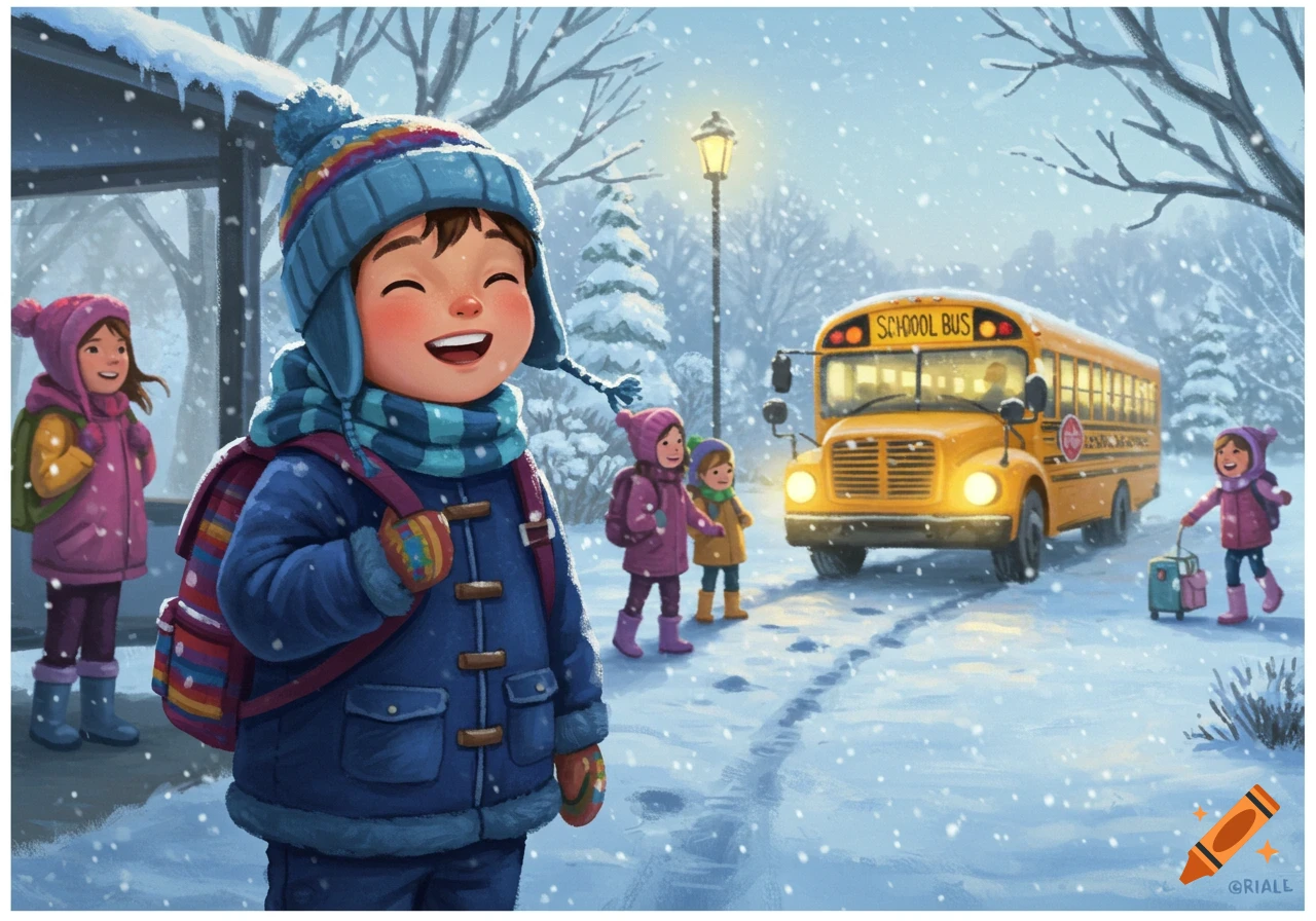 A cheerful little boy in a winter coat and hat stands at a snowy bus stop with other kids and a yellow school bus, in an illustration style.