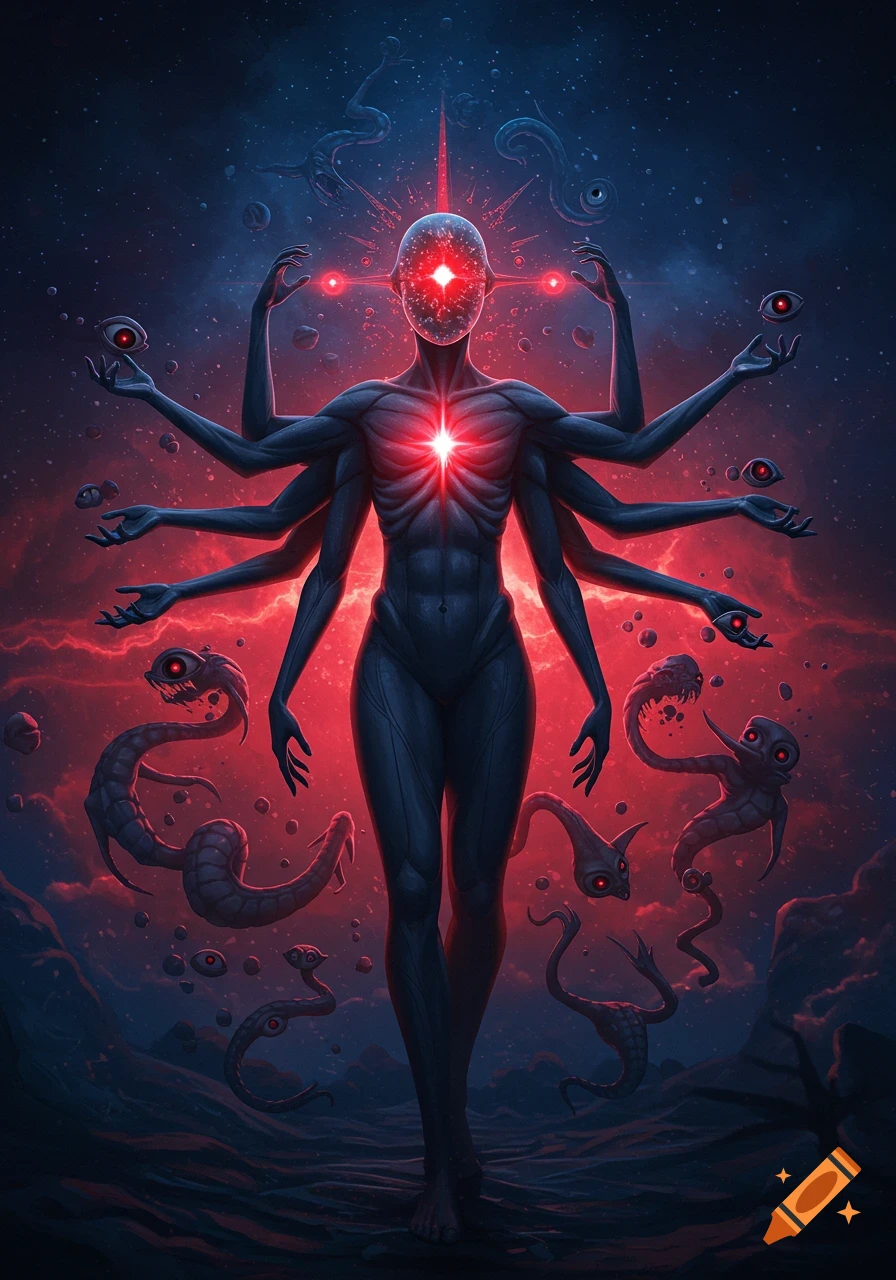 A multi-armed cosmic entity with red eyes and a glowing chest, surrounded by floating eyes and grotesque creatures in a dark, star-filled void.