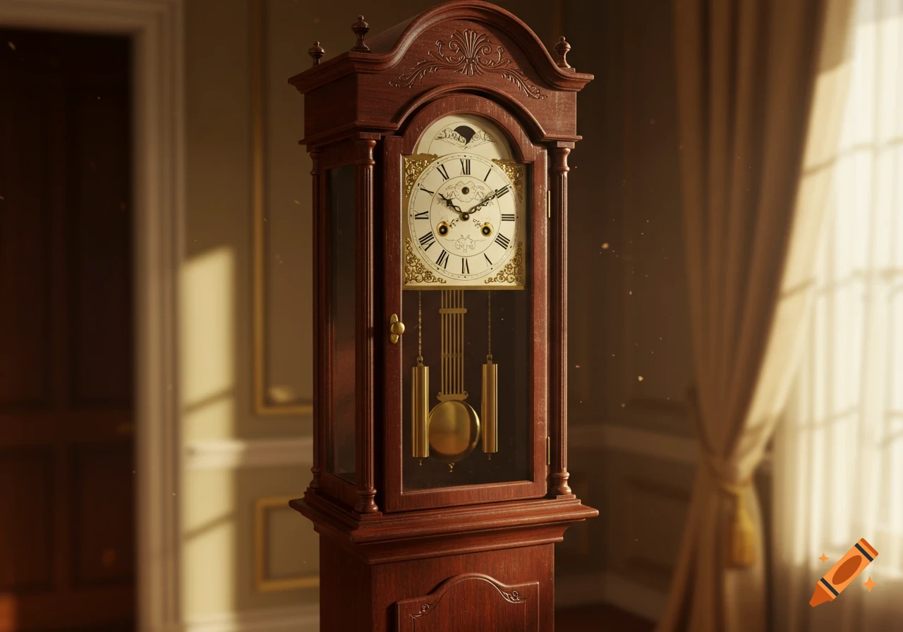 A detailed, photorealistic image of an ornate wooden grandfather clock with brass weights and pendulum, set in a softly lit, antique room. The clock reads 12:30.