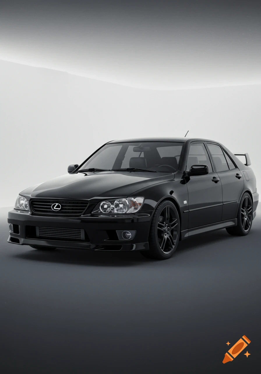 Front view of a glossy black Lexus IS 200 sedan with a body kit and small spoiler, in a minimalist studio setting.