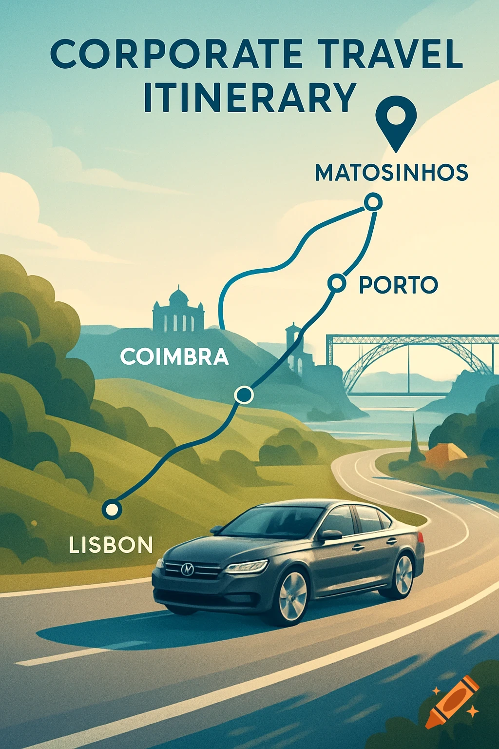 Stylized illustration of a corporate travel itinerary map showing a car on a road, connecting Lisbon, Coimbra, Porto, and Matosinhos.