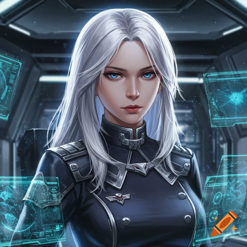 A white-haired woman with blue eyes in a dark futuristic uniform stands in a sci-fi setting with holographic screens.