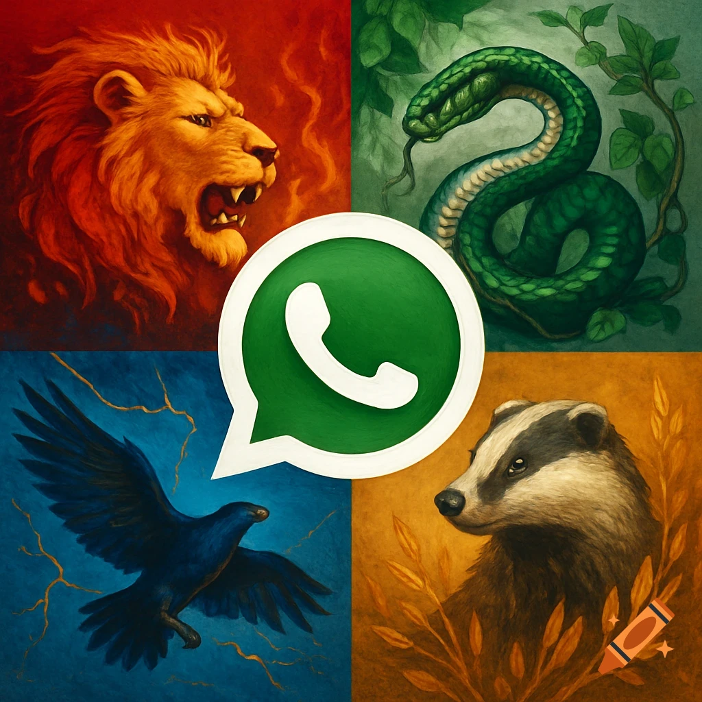 A vibrant collage of four Hogwarts house animals (lion, snake, raven, badger) in a painterly style, with a large WhatsApp logo in the center.