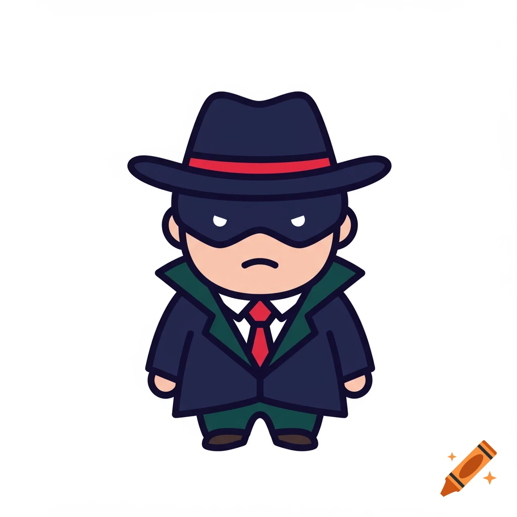 A cartoon icon of a little bandit in a dark fedora, eye mask, blue blazer, and red tie, with a grumpy expression.