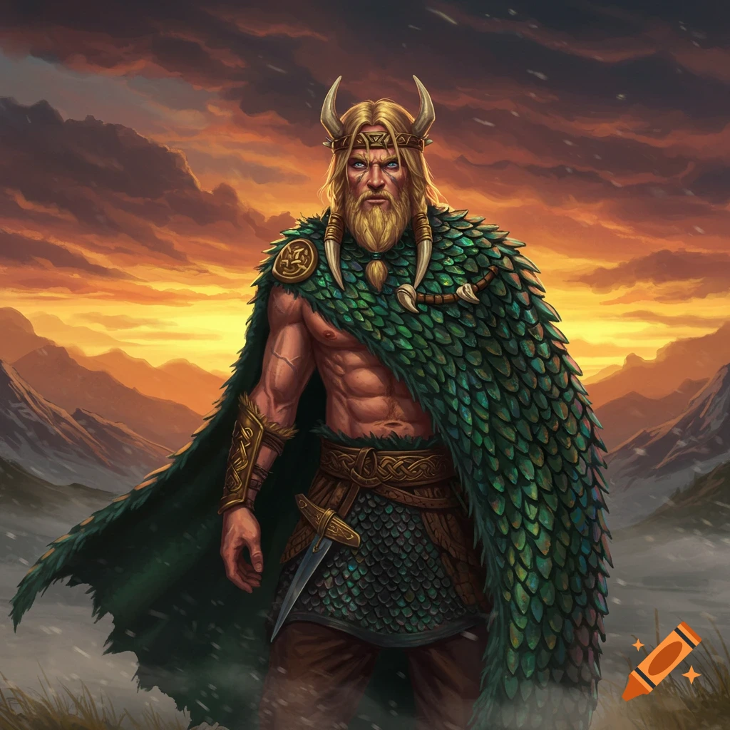 A muscular blond viking with a beard and horned crown wears a green scale cloak, standing in a mountainous sunset landscape.