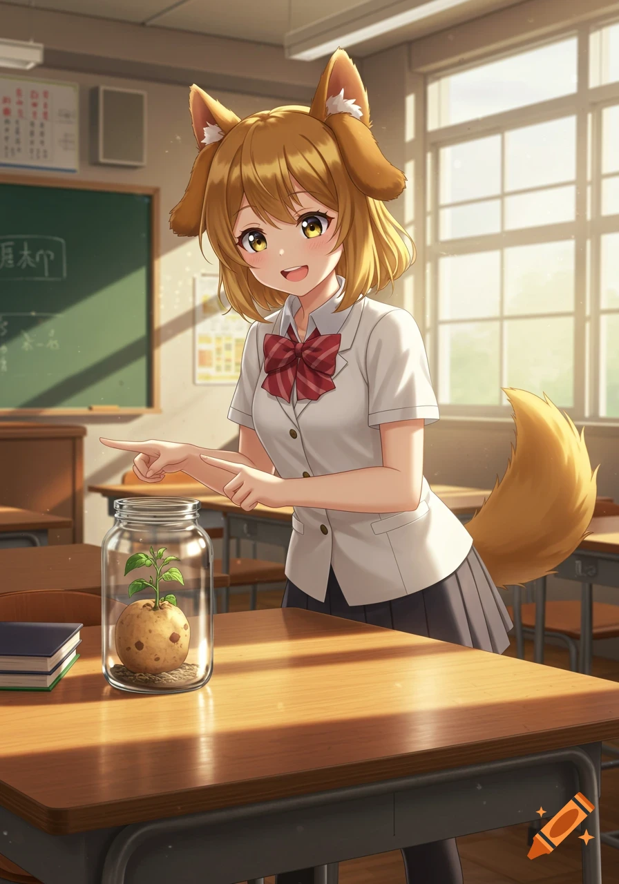 An anime kemonomimi girl in a school uniform smiles and points at a jar with a potato plant on a classroom desk.