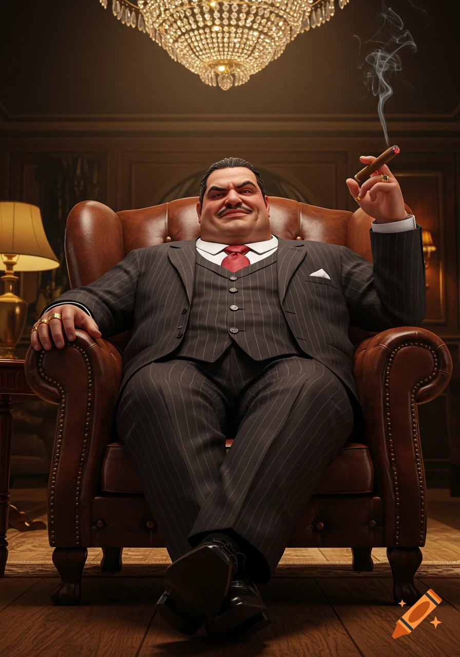A stylized portrait of a portly man in a pinstripe suit, smoking a cigar, seated in a luxurious leather armchair.