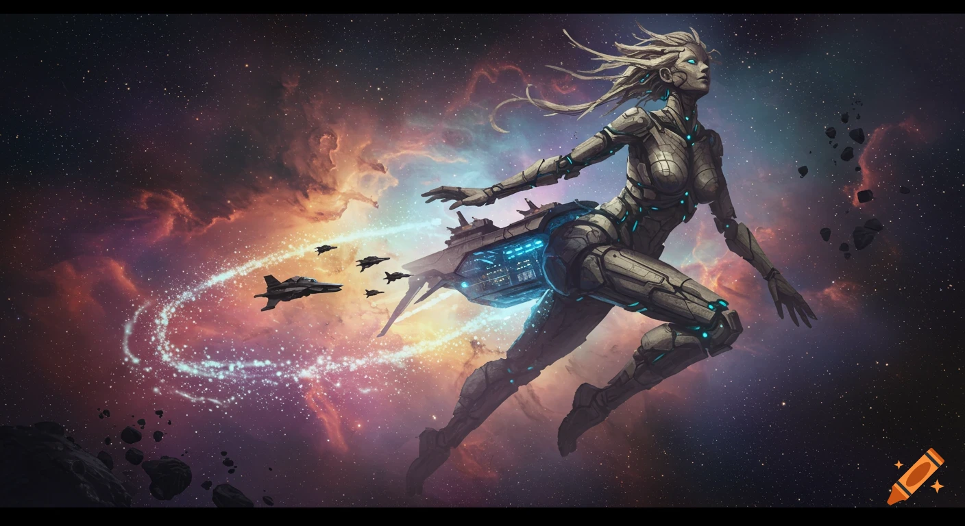 A futuristic metal woman, a living battleship, flies through a vibrant nebula with scout ships emerging from her.
