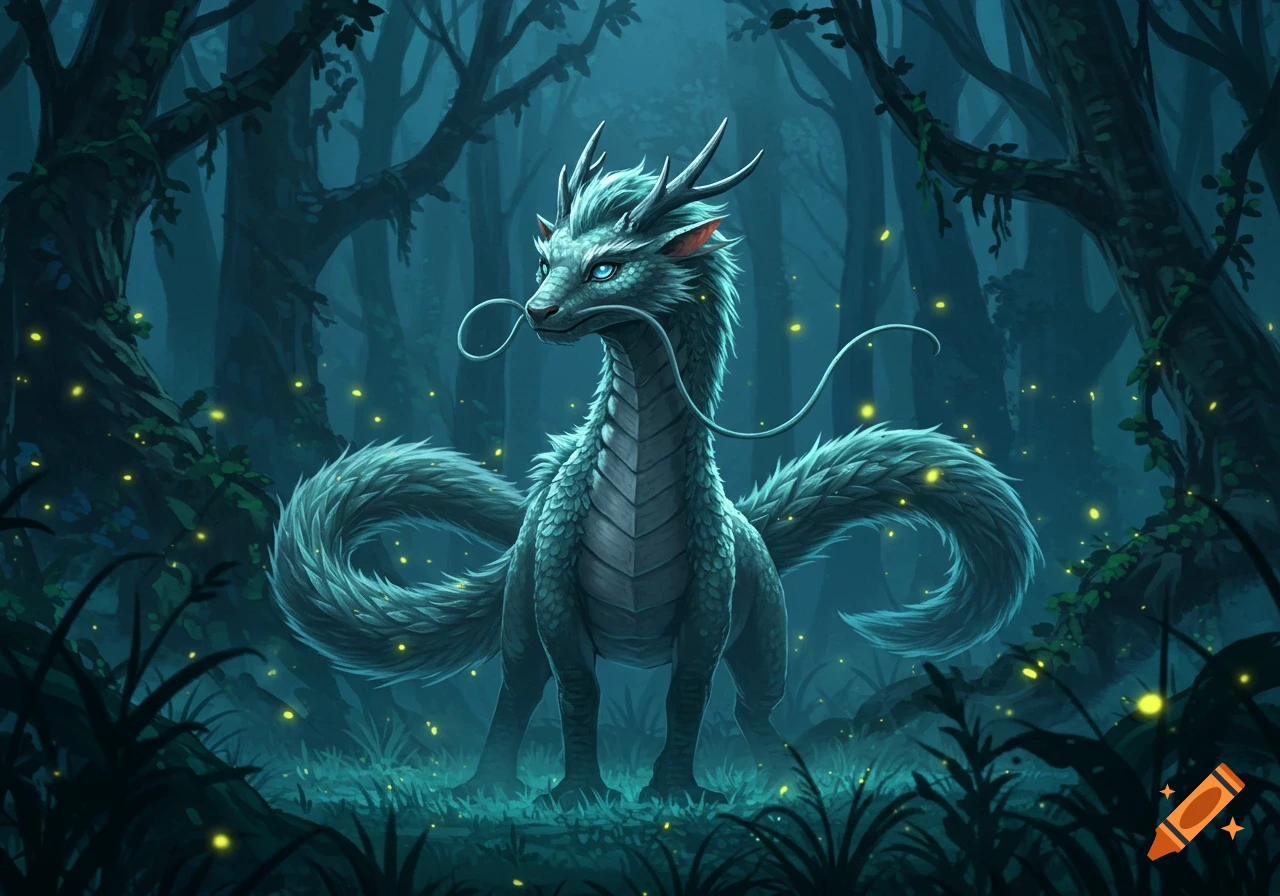 A blue-green horned dragon with whiskers stands in a dark, magical forest with glowing fireflies.
