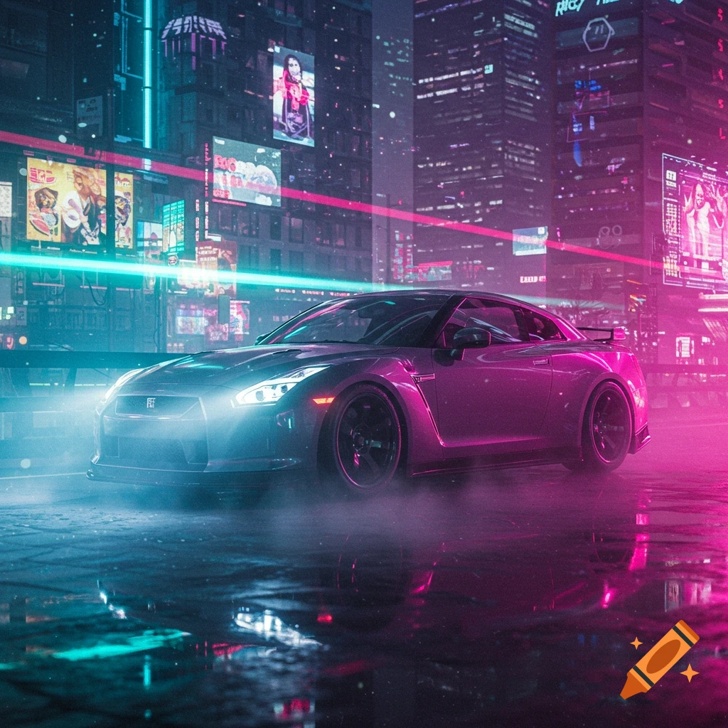 A Nissan GT-R sports car parked on a wet street at night, bathed in neon pink and blue lights from a futuristic cyberpunk city. Steam rises from the ground.